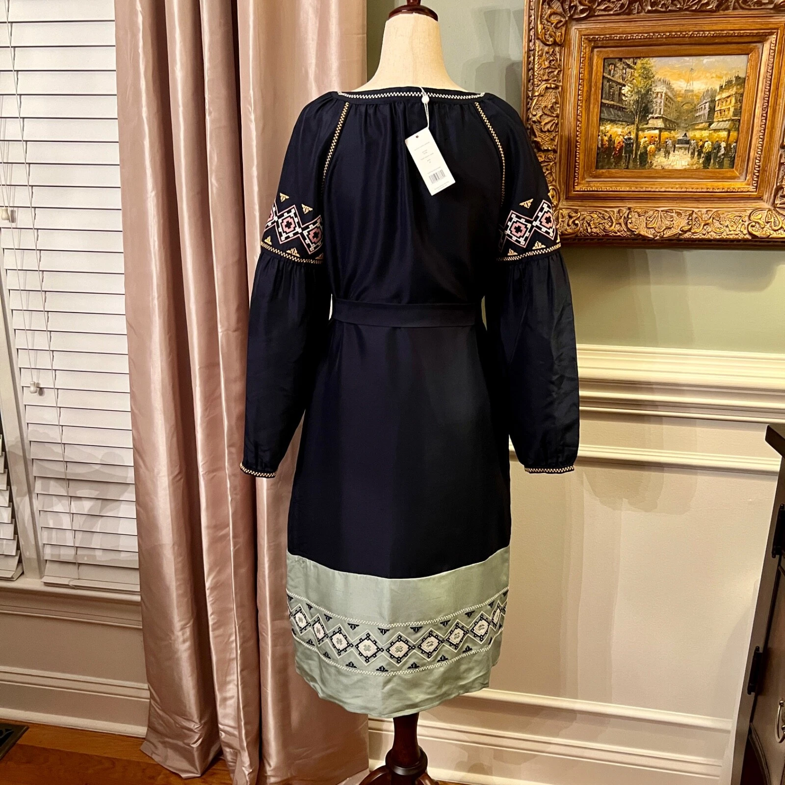 Abito a tunica ricamato stile midi Tory Burch Katya $450 nuovo con etichette verde navy taglia 0