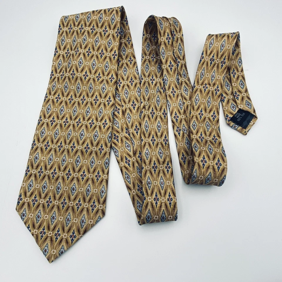 Corbata de diseñador Marco Biella 100 % seda dorada azul geométrica jacquard para hombre XL Foto 2 de 4