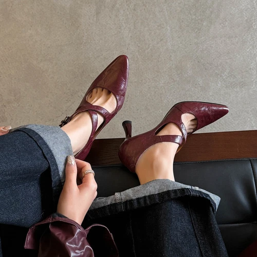 Zapatos Mary Jane de cuero para mujer con correa cruzada y punta puntiaguda tacón medio de moda - Imagen 3 de 18