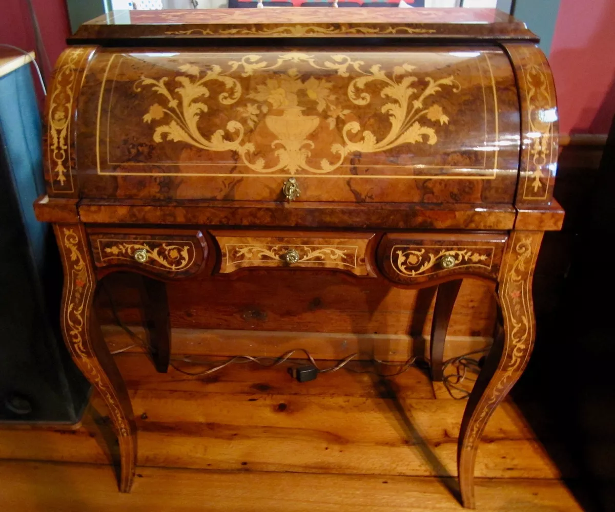 ITALIAN Vintage Inlaid Wood Rolltop Writing Desk & Chair from SORRENTO