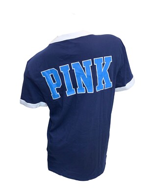 Victoria's Secret Pink Cotton Campus Ringer Short Sleeve Tee Color Blue NWT