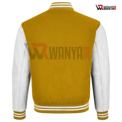 Varsity Jacket Letterman Yellow Wool Genuine White Leather Sleeves XS - 4XL - Picture 3 of 8