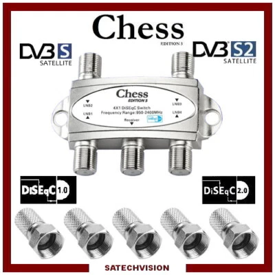 Commutateur DiSEqC 4/1 Chess & 5 Fiches F à Visser HD 3D 4K - Photo 1/3