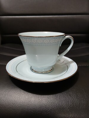 Noritake Fine China Wedding Veil Cup & Saucer Baby Blue With Silver Trim 8004 