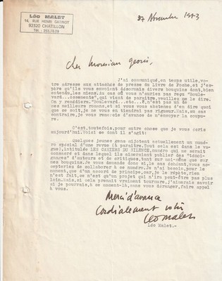 RARE BEAUTIFUL SIGNED TYPED LETTER FROM LEO MALET TO JOURNALIST MICHEL GÉORIS
