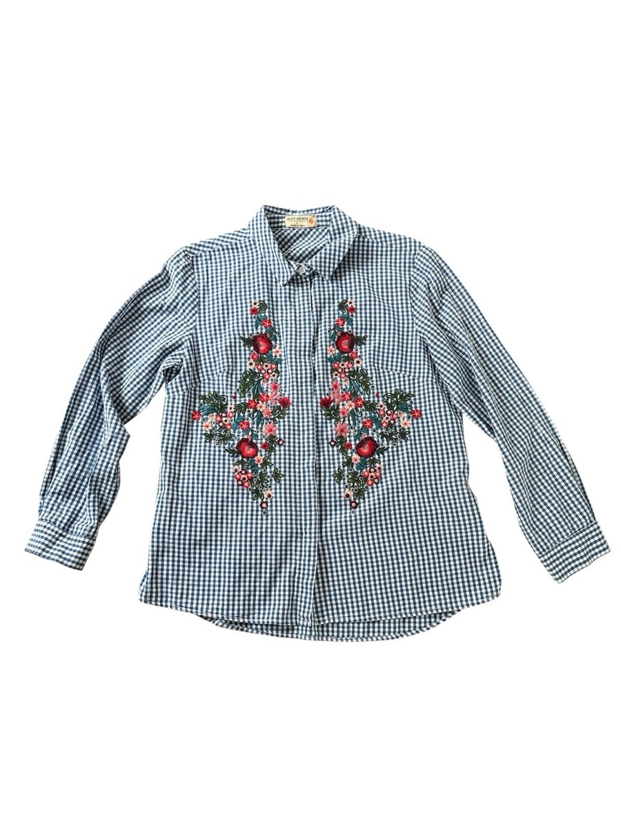 Ruff Hewn Blue Gingham Shirt with Red Floral Embroidery 100 