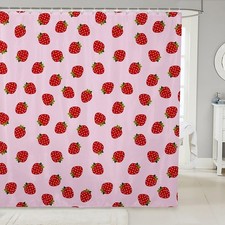 Pink Strawberry Shower Curtain Set Girls Kids Stripes Waterproof 72x84 Inch