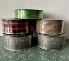Lot Of 5 Christmas Holiday Wire Edge Ribbon Gold Green Plaid Glitter 2.5 1.5