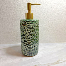 Green Ceramic Soap Lotion Dispenser Brushed Gold Pump Embossed Floral Pattern