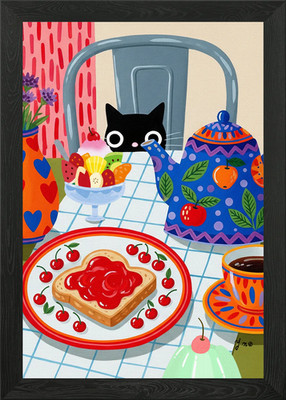 Schwarze Katze Frühstück Kunstdruck mit gerahmtem Wandbild Poster Leinwanddruck Bild