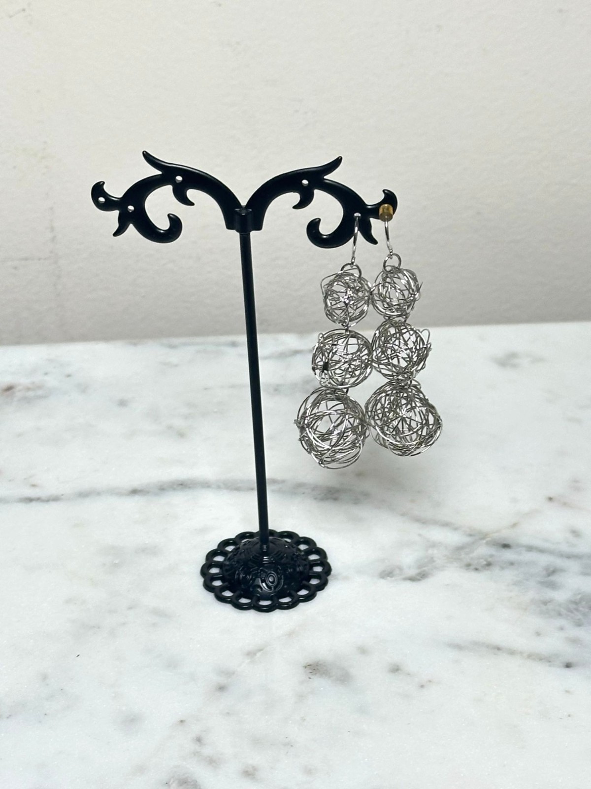 Silver Wire Orb Dangle Earrings 3” Statement Mode… - image 1