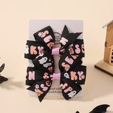 Black Halloween Ghost Spooky Hair Bow Clip Grosgrain Ribbon Girl Barrette Set