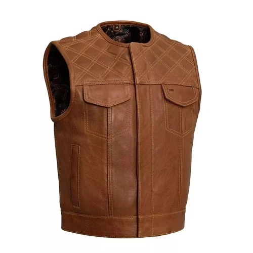 Men's Brown Leather Motorcycle Vest Diamond Quilted Biker Club Concealed Carry