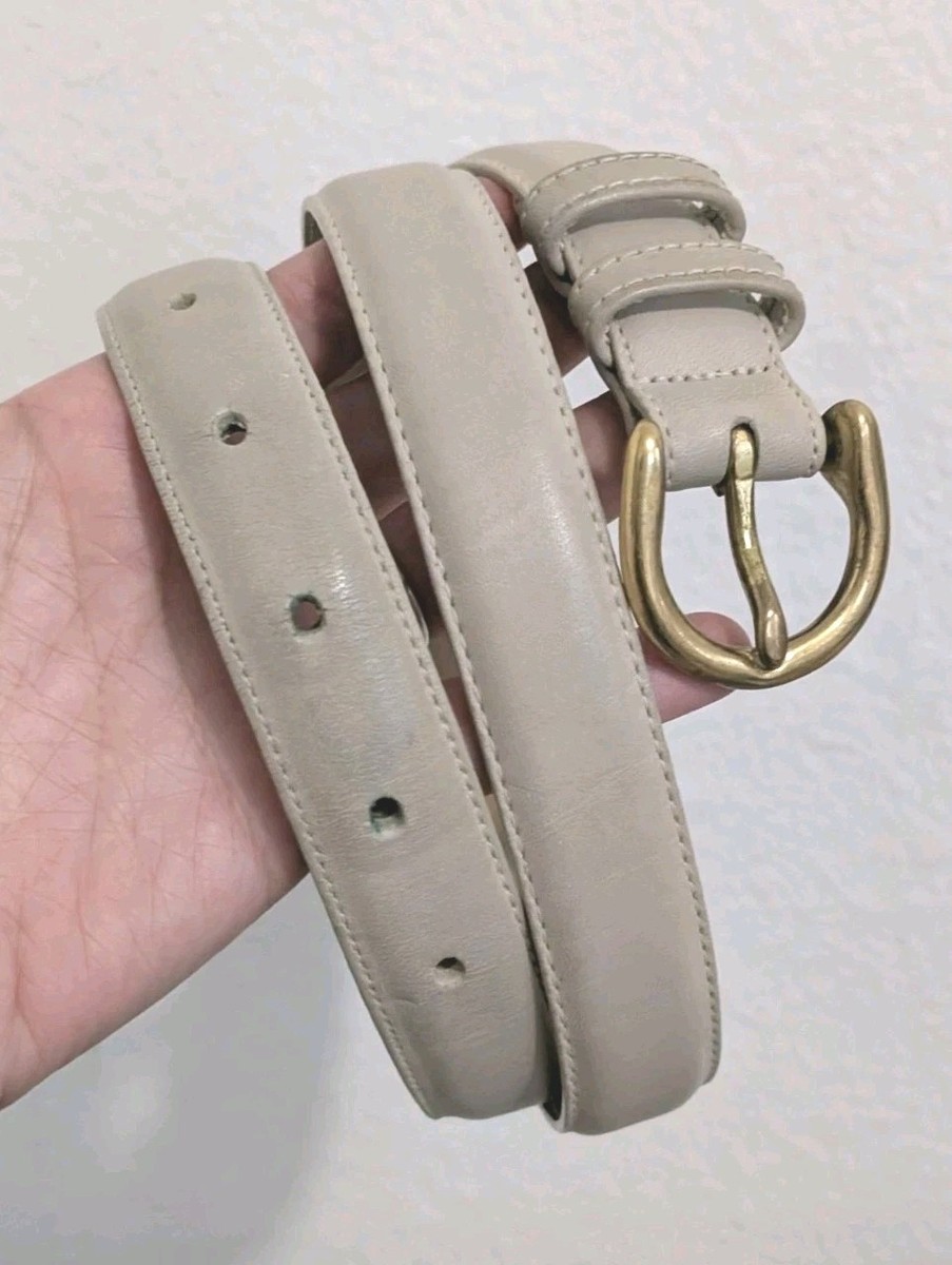 Vintage Lands End Ivory Leather Belt Solid Brass 1992 Size 32 Made