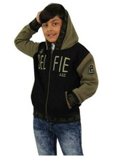 Kids Girls Boys Jacket Selfie Embroidered Khaki Zipped Top Hooded Hoodie 5-13Yr