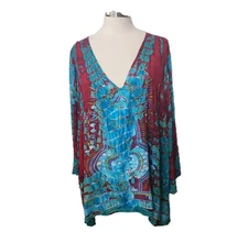 Greater Good Top Womens 2XL Boho Hippie Bold Vibrant Rayon Resort Tie Dye Tunic