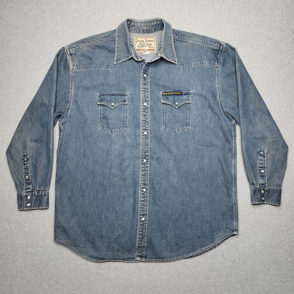 Chaqueta West Coast Choppers Para Hombres XL Denim Perla Snap Jesse James Ropa de Trabajo Motociclista Foto 2 de 4