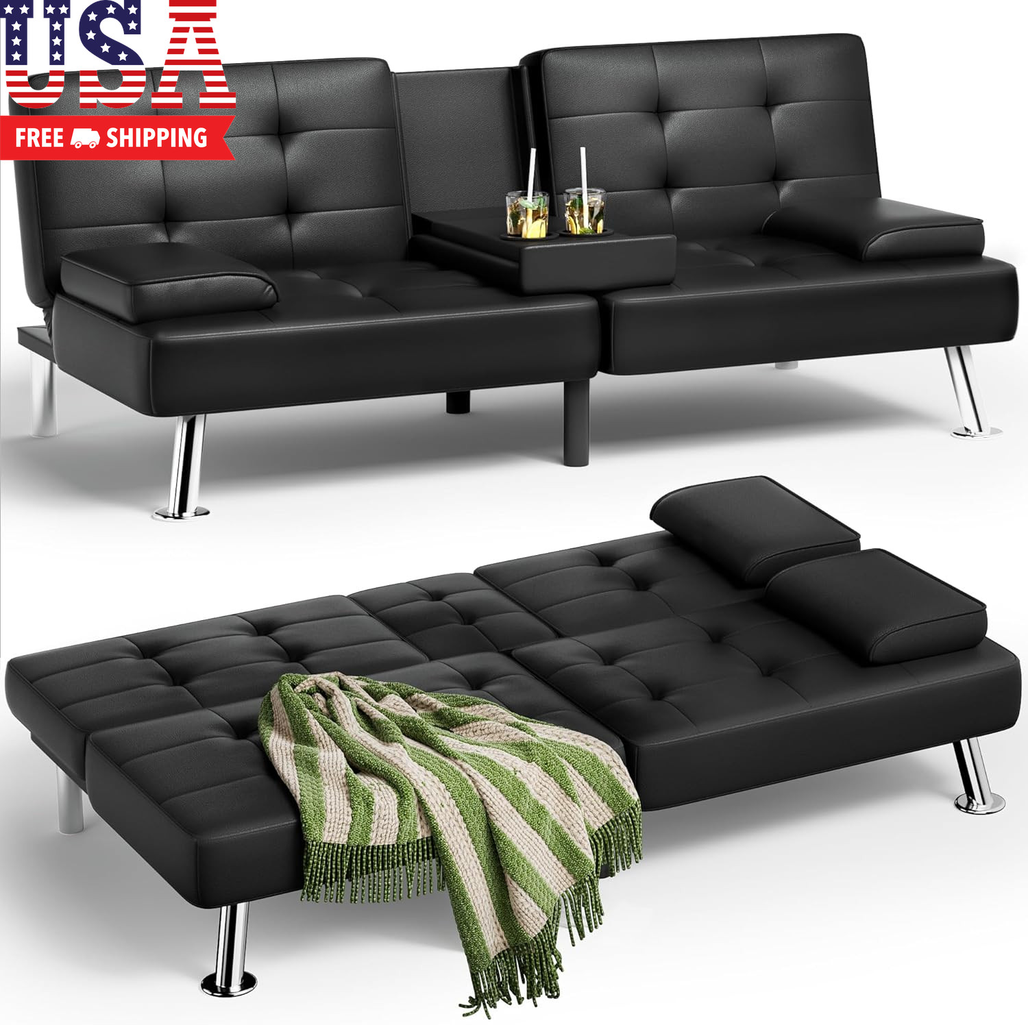 Futon Sofa Bed, Leather Futon Couch with Removable Armrests,