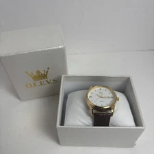 Men's OLEVS Classic Gold Tone, White Dial, Brown Leather Watch, Day/Date, 39mm