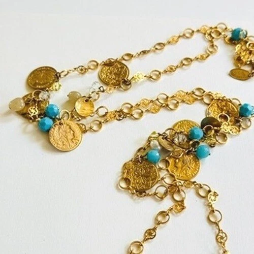 VTG Liz Palacios San Francisco necklace charm pearl turquoise coin Signed gold - Image 3 of 4