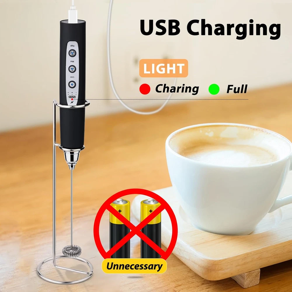 Milk Frother with Stand Rechargeable-Handheld Coffee Frother with 3 Stainless Wh