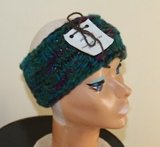 Estate NEW Hand-Knit 100 Wool Fiber Art Blue Green Sweater Headband Earwarmer