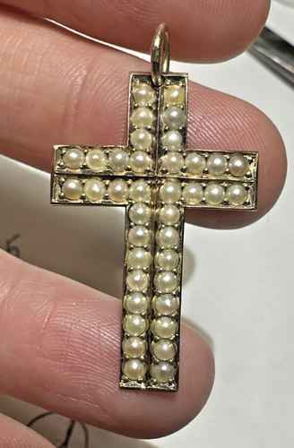 Victorian 14k Yellow Gold tested Cluster Seed Pearls Cross Religious Pendant - Picture 2 of 9
