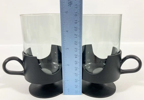 2 Corning Pyrex Glas-Snap Smoke Glass Black Base Mugs 5" HOT Cold 10oz Vtg MCM