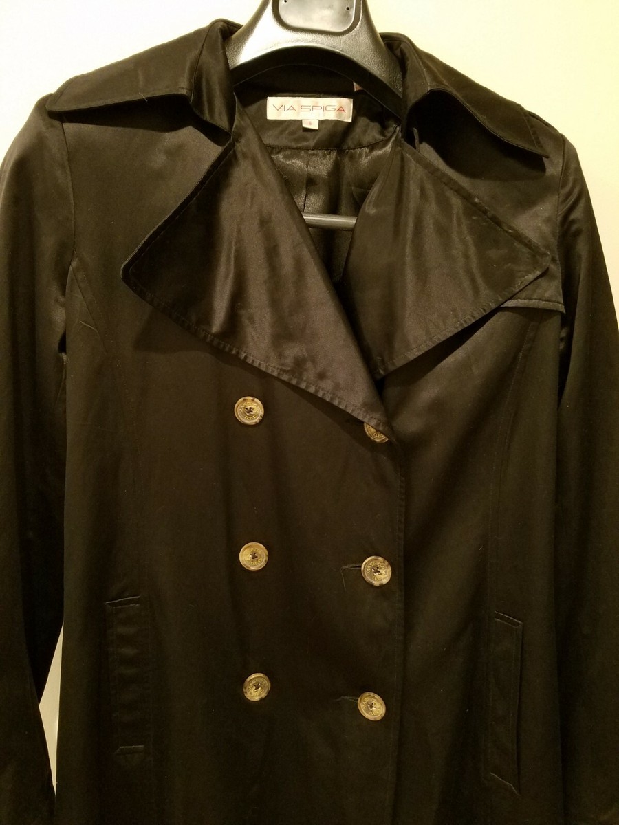 Vintage Via Spiga Trench Coat Double Breasted Black Jacket Women's size