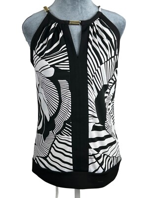 Cache Womens Black & White Halter Top With Gold Accents Size Small