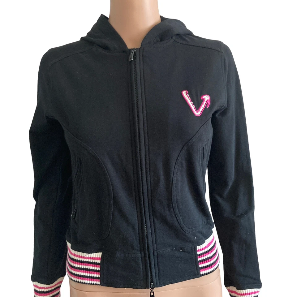 Chaqueta con capucha Vertigo para mujer XS estrás negra rosa elástica Foto 3 de 4