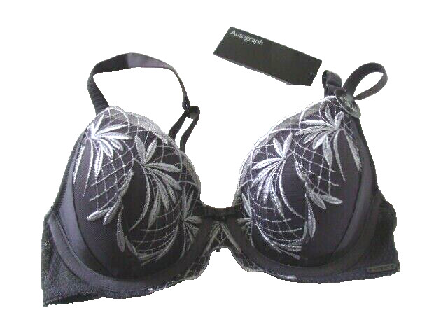 Autograph M&S UK 30C Grey Mix Underwired Padded Embroidered Plunge Bra