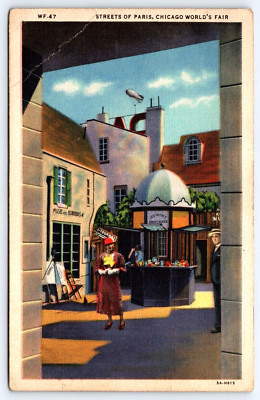 VINTAGE POSTCARD OLD ANTIQUE 1933 CHICAGO WORLDS FAIR STREETS OF PARIS BLIMP USA