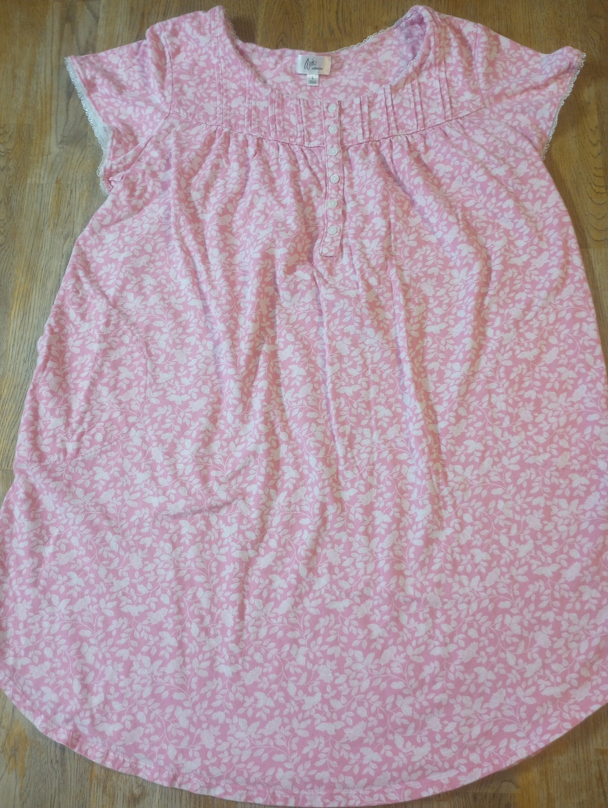 Women's Nightgown LG 100% Cotton Pink/White Flowers Pockets Cottage Peasant