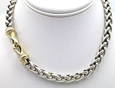 David Yurman Sterling Silver 14K Gold Wheat Link Chain Collar 7mm Necklace 15.5”
