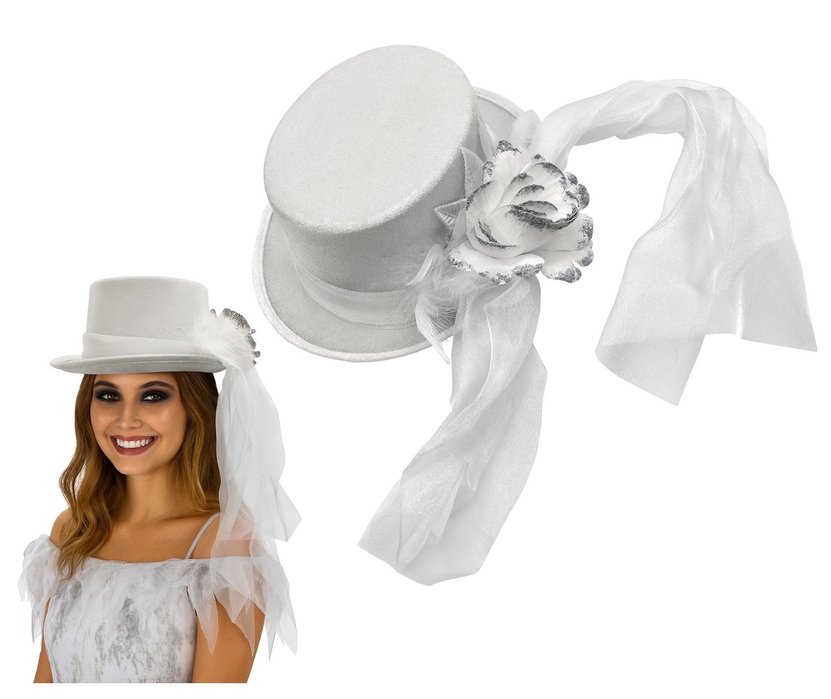 Adult White Top Hat With Veil Rose Flower Accent Halloween 