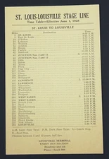 St. Louis-Louisville Stage Line Time Table Early Bus Travel Card June 1, 1928