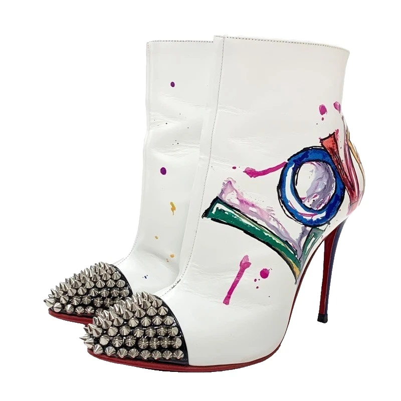 Christian Louboutin — Christian Louboutin Short Boots EU:35 White Leather LOVE Paint Spike Studded