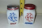 Vintage Nautical Salt and Pepper Shakers White Milk Glass Red  Blue Sailboat