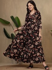 Indian Women Black Cotton Floral Printed Anarkali Flared Kurta Kurti Long Dress