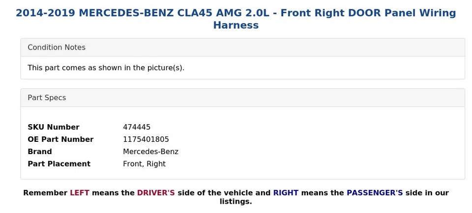 Mercedes-Benz CLA45 AMG 2014-2019 2,0 L - Arnés de cableado de panel de puerta delantera derecha Foto 3 de 4