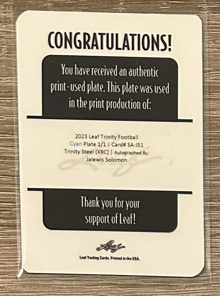 2023 Leaf Trinity Steel #SA-JS1 Jalewis Solomon Cyan Printing Plate AUTO #1/1 - Image 2 of 2
