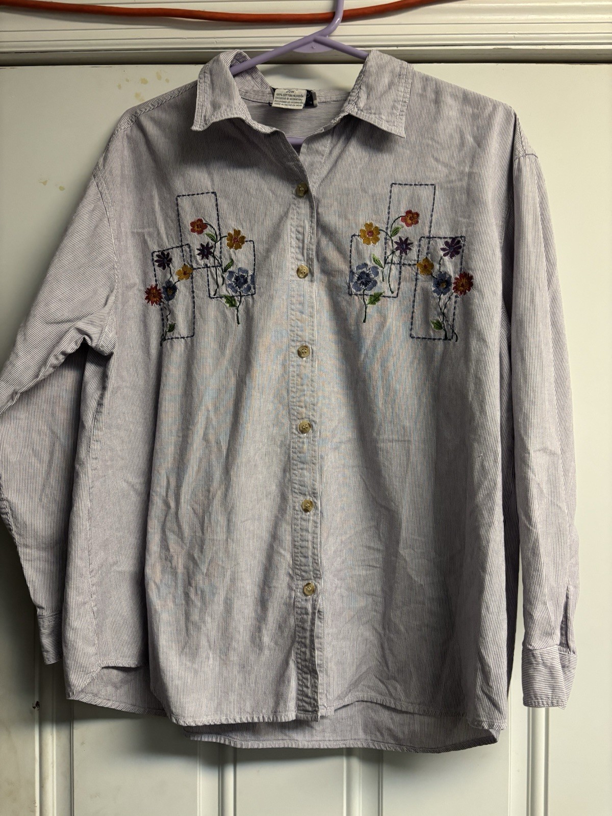 Basic Editions White Blue Striped Embroidered But… - image 1