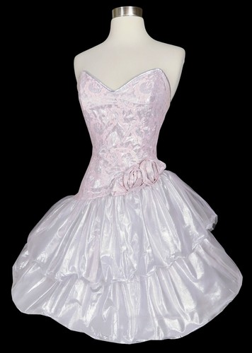 Vintage 80s Strapless Metallic Lamé Silver Pink Full Skirt Prom Party Dress XXS - Picture 6 of 12