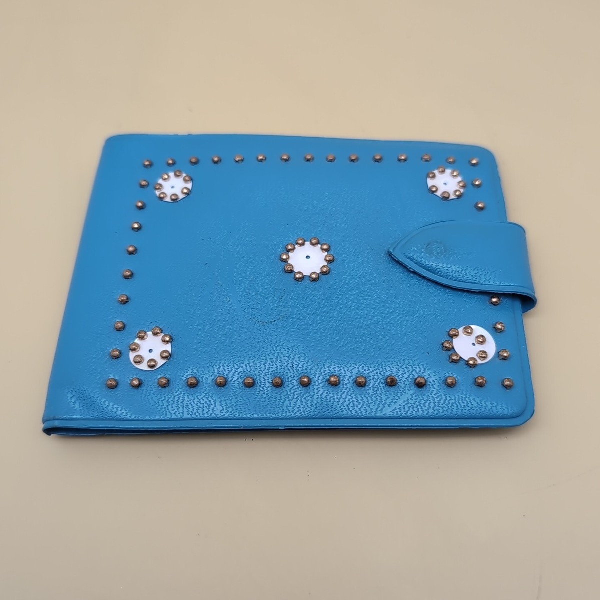 Vintage 1960s Child's Vinyl Wallet Blue Brass Studded MCM Look