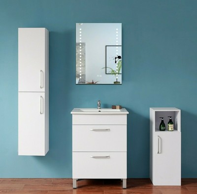 Badmöbel Set 60cm Weiß / Walnuss Badezimmermöbel 5 Teilige LED Spiegel