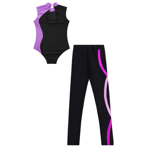 Kids Girls Dancewear Sport Outfit Shiny Set Leotard Mock Neck Performance Yoga - Picture 35 of 48