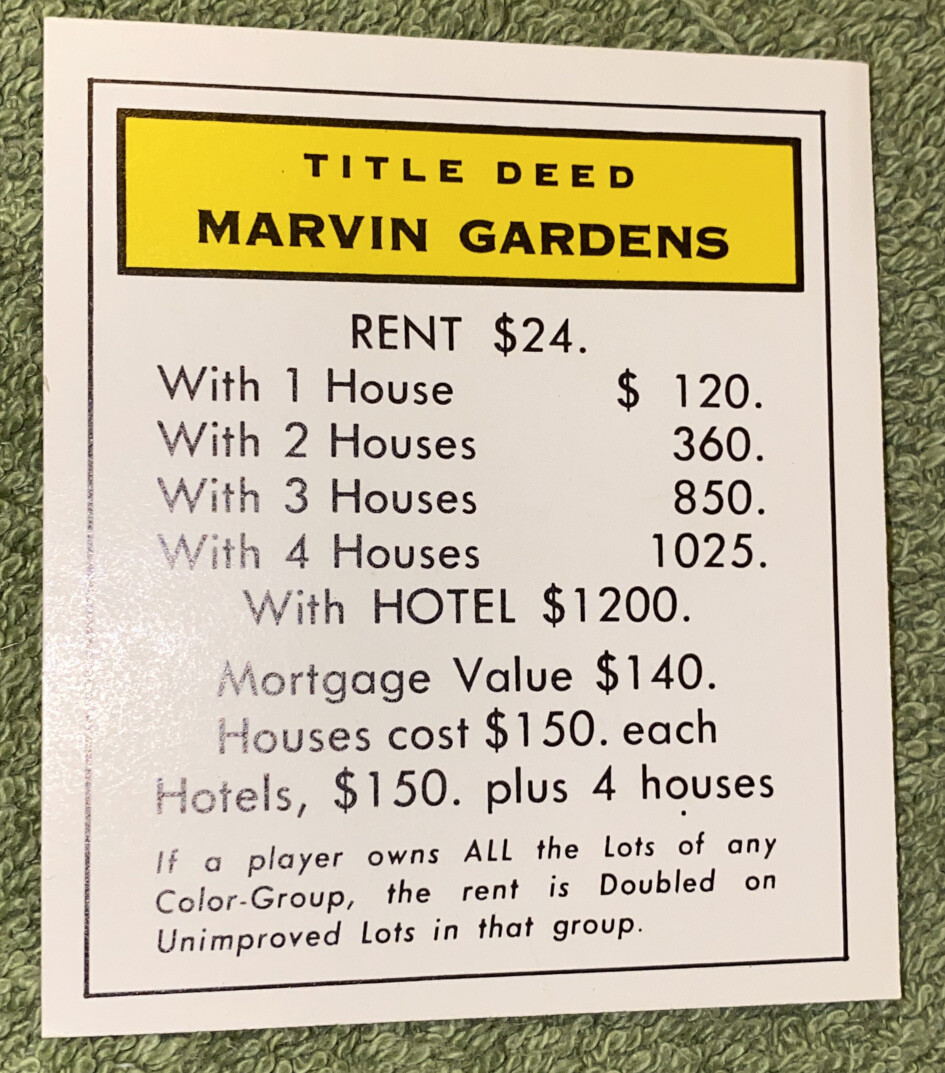Vtg 1960's Monopoly Game Replacement Piece -Property Card