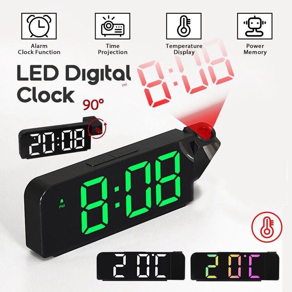 Modern Digital Alarm Clock LED Display Battery Backup Snooze Tabletop Projection