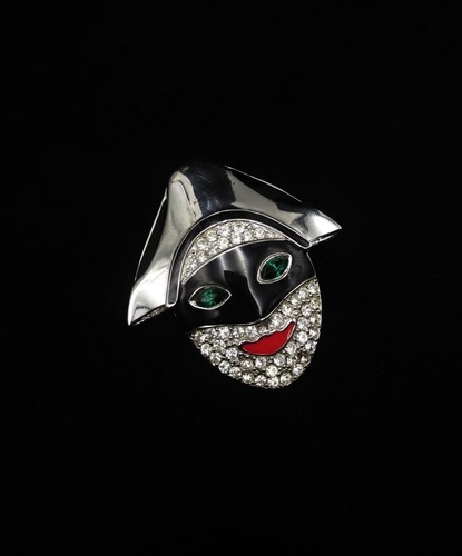 VTG Rhinestone 2.5" Harlequin Jester Mask Brooch Black Mask Red Lips Unsigned